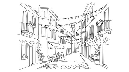 Fototapeta premium Charming European Street Scene with String Lights and Cafe