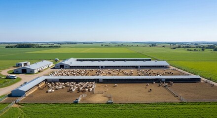 Fototapeta premium Expansive Cattle Farm with Livestock Grazing in Open Fields Under a Clear Blue Sky