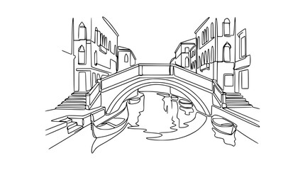 Venice Canal Bridge Line Art Drawing - Italian Cityscape Sketch © Fafa