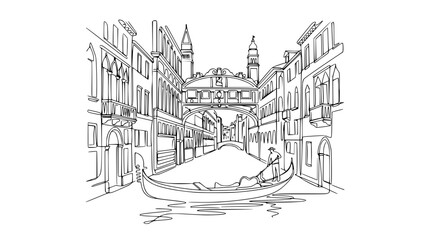 Venetian Canal Scene with Gondola and Bridge in Minimalist Line Art Style © Fafa