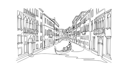 Venice Canal Sketch: Gondola with Couple, Italian Architecture, Romantic Travel © Fafa