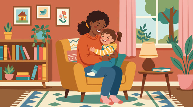 A woman holding a baby on her lap in a cozy living room.