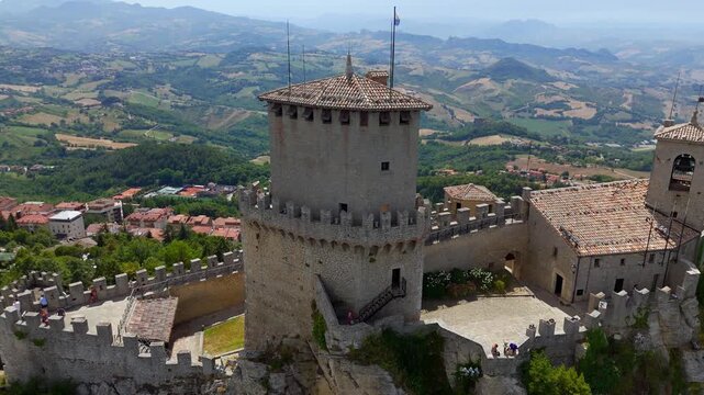 Aerial drone view of Guaita Tower on Monte Titano, San Marino