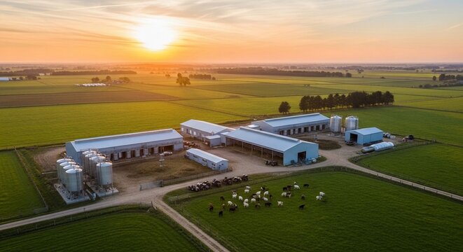 Expansive Dairy Farm Scene at Golden Hour With Livestock Grazing in Green Fields