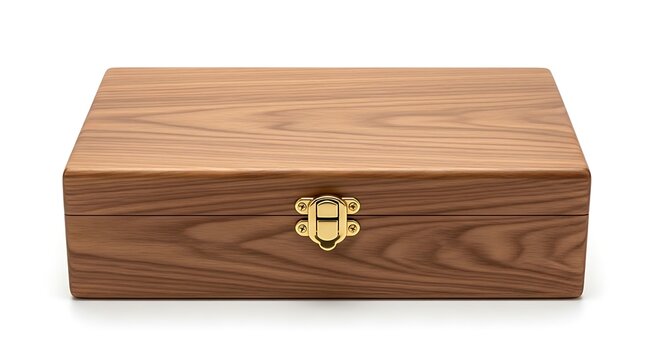 Wooden box with gold lock on top is closed and shown