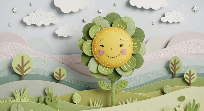 Whimsical paper craft landscape with a smiling sun flower. Nature happiness and creative environment concept. A textured flower character standing in a stylized garden