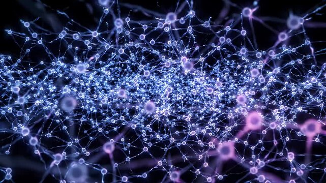 Abstract Neural Network Technology Visualization - This digital animation depicts an intricate, glowing network of interconnected nodes and pathways, representing the complex structure and function