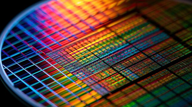 Microchip wafer with rainbow iridescent grid pattern under magnified view