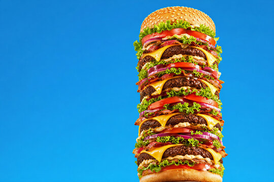 Tall skyscraper cheeseburger with multiple beef patties, melted cheese, lettuce, tomatoes, and bacon on blue background