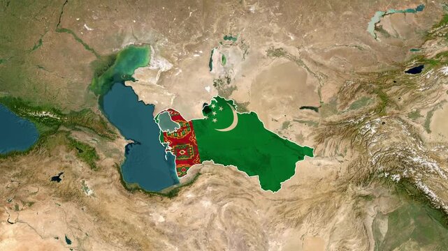 Turkmenistan map outline highlighted with national flag over satellite view video motion footage