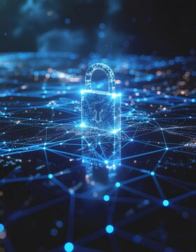 luminous cyber lock floating in a network of glowing digital pathways