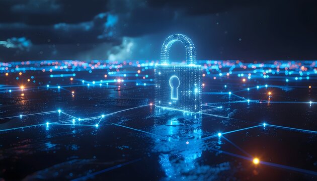 futuristic hologram padlock in a glowing cyber city of secure connections