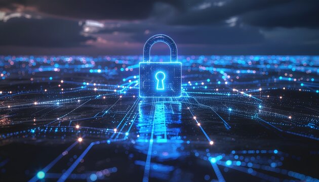 glowing cyber padlock rising above a digital network security landscape