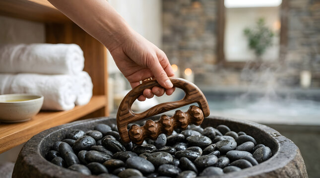 Wooden Massage Roller and Hot Stones in Luxury Spa