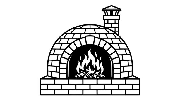 Traditional brick pizza oven icon with flaming wood fire and masonry chimney cap outline vector graphic isolated on a white background