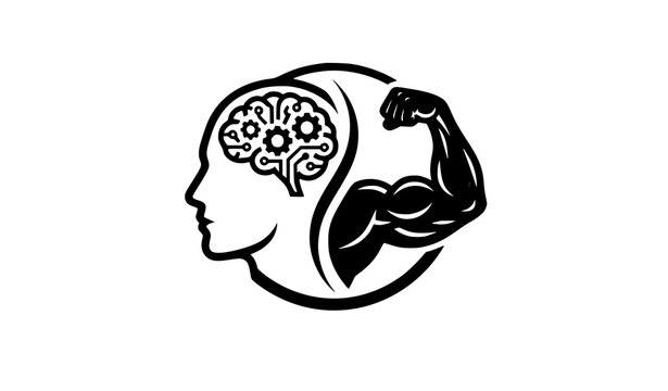 Mind muscle connection concept vector icon showing human profile head with brain and flexing strong bicep arm inside circular yin yang emblem