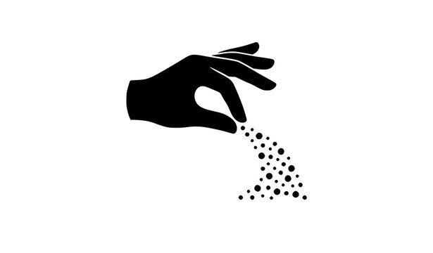 Chef hand silhouette vector icon pinching and dropping seasoning spices salt or herbs for gourmet culinary food preparation on white background