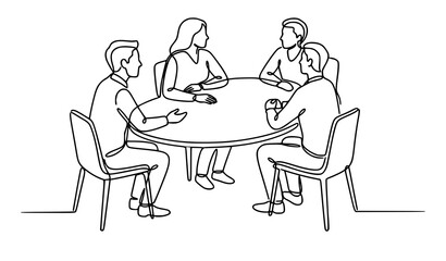 Fototapeta premium Continuous line drawing of diverse business people sitting around round table having creative teamwork meeting isolated on clean white background