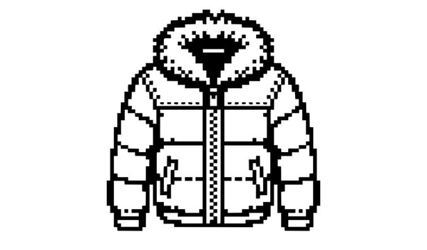 pixel art,Winter puffer jacket line art vector illustration with furry hood zipper detail and quilted pattern isolated on clean white background