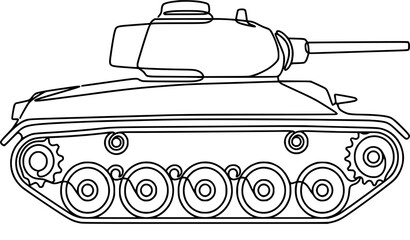 Minimalist military tank side view line art vector illustration showing vintage armored combat vehicle tracks turret barrel isolated on white background © MdIbrahimIslam