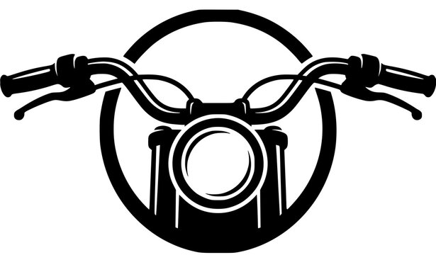 Motorcycle handlebars and headlight front view vector icon with black chopper bike parts framed in circle isolated on white background