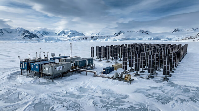 Antarctic research station with extensive solar panel array and icy landscape