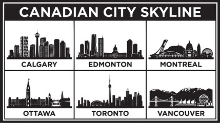 Minimalist black and white vector graphic illustration depicting silhouettes of six famous canadian city skylines arranged in neat grid boxes © Monivara Creations