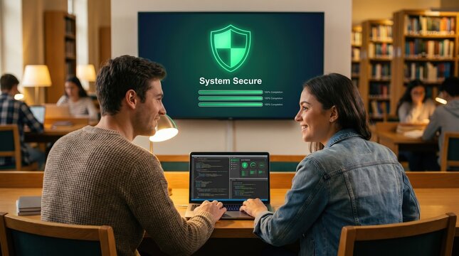 Cybersecurity students coding on laptop in library with system secure dashboard on screen for information technology education and network protection