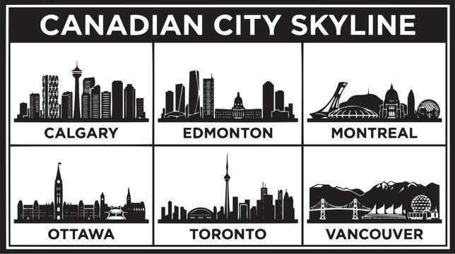 Minimalist black and white vector graphic illustration depicting silhouettes of six famous canadian city skylines arranged in neat grid boxes