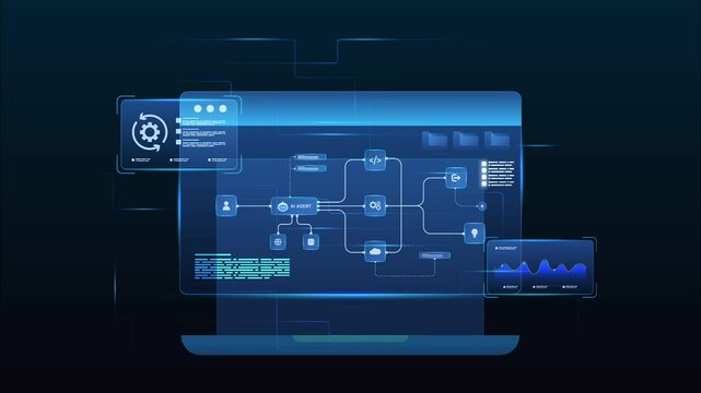 Futuristic AI agent automation workflow diagram dashboard automation with automation pipelines, analytic flow and automation system, looped animation