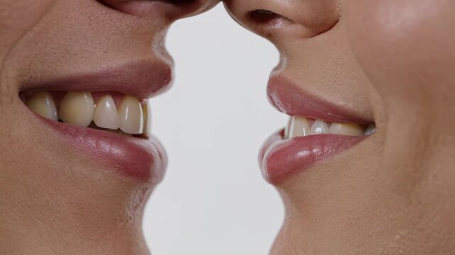 Extreme close-up shot of two pairs of lips facing each other in perfect side profile, man's lips on the left side of frame and woman's lips on the right side of frame, both facing each other