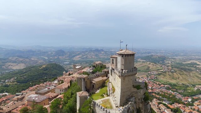 Aerial view of Guaita Tower and San Marino city on Monte Titano