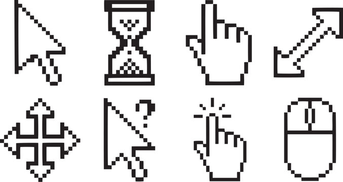 Set of black and white pixelated computer cursor icons featuring arrows hands hourglass and mouse for digital interface design projects