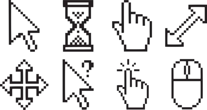 Set of black and white pixelated computer cursor icons featuring arrows hands hourglass and mouse for digital interface design projects