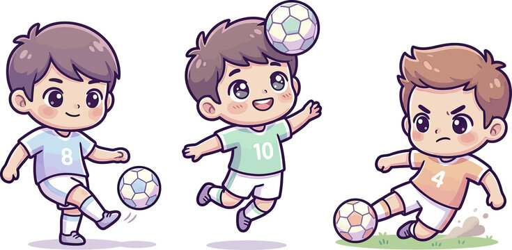 Set of cute cartoon boys playing soccer in different poses and uniforms.