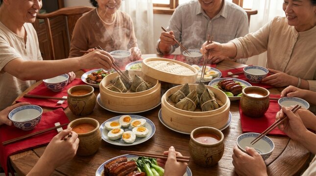 Family Enjoying Traditional Dragon Boat Festival Feast at Dining Table