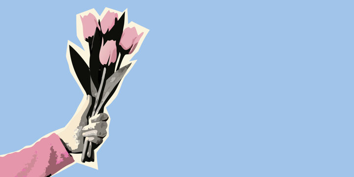 Hand Holding Pink Tulips Pop Art Style Collage Illustration