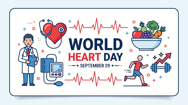 Contemporary cardiovascular health banner showing medical professionals, blood pressure monitoring, diet, and physical exercise icons for wellness
