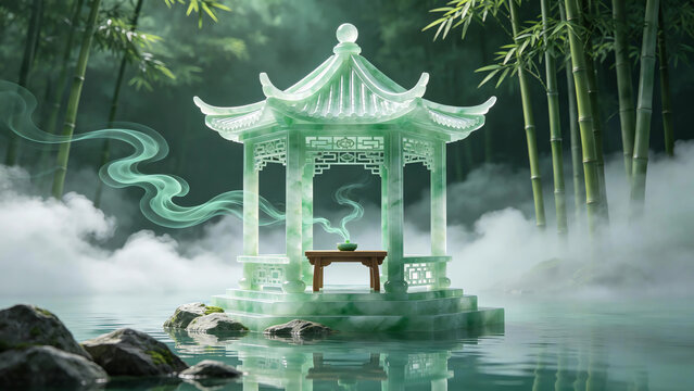 Guochao style 3D illustration of a jade pavilion in a bamboo forest