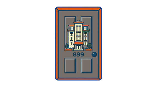 Apartment entrance door with building graphic and number.