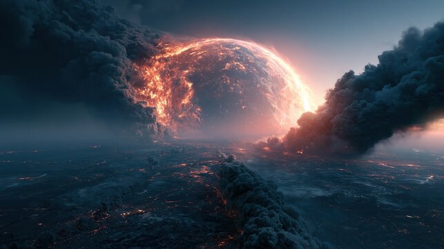 A cataclysmic cosmic event unfolds with a fiery, exploding planet enveloped by dark, turbulent clouds in a vast celestial.