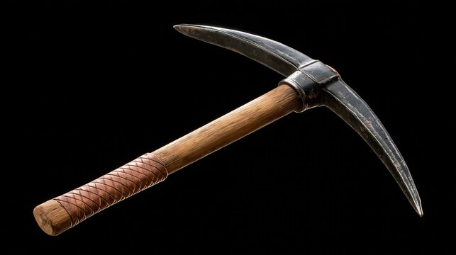 A sturdy pickaxe with a wooden handle and sharp metal head is centrally positioned against a stark black background, ready.