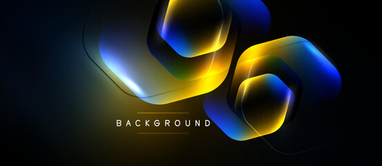 Naklejka premium Abstract neon shapes overlap dark background. Bright yellow, blue hues create dynamic visual effect. Modern design element.