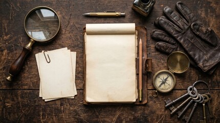 Top-down flat lay of vintage detective tools on a rustic wooden desk, evoking mystery and investigation.