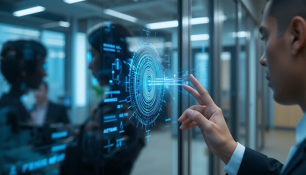 Professional Businessman Interacting with Advanced Holographic Smart Glass Touch Screen Interface, Futuristic Biometric Security Access Control and Data Management System in Modern Corporate Office