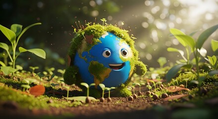 Obraz premium Smiling Earth globe character covered in plants. Global environmental conservation and sustainable ecological growth. Happy planet figure standing on soil among fresh green sprouts.
