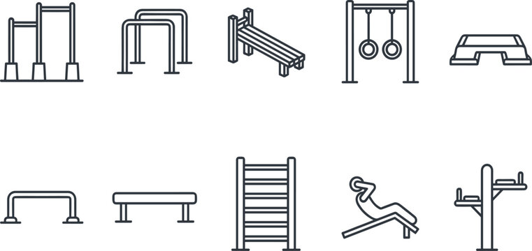 Outdoor Gym and Fitness Equipment Outline Icon Set with Pull Up Bar, Parallel Bars, Ladder, Bench, Rings, and Exercise Symbols for Sport Designs