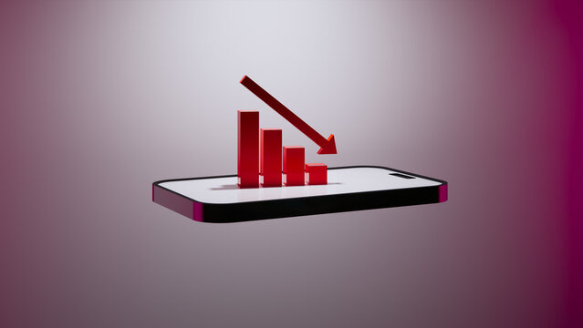 Realistic business graph with arrow. loss chart graph. 3d arrow loss chart bar. Graph with bars decreasing, arrow pointing down, decline, finance, crisis. 3d chart render with loss