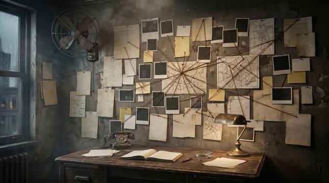 Vintage office wall covered in photos, documents, and red strings, suggesting a complex criminal investigation.