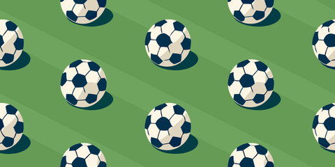 Seamless soccer ball pattern with repeating design on a green background © Sujal